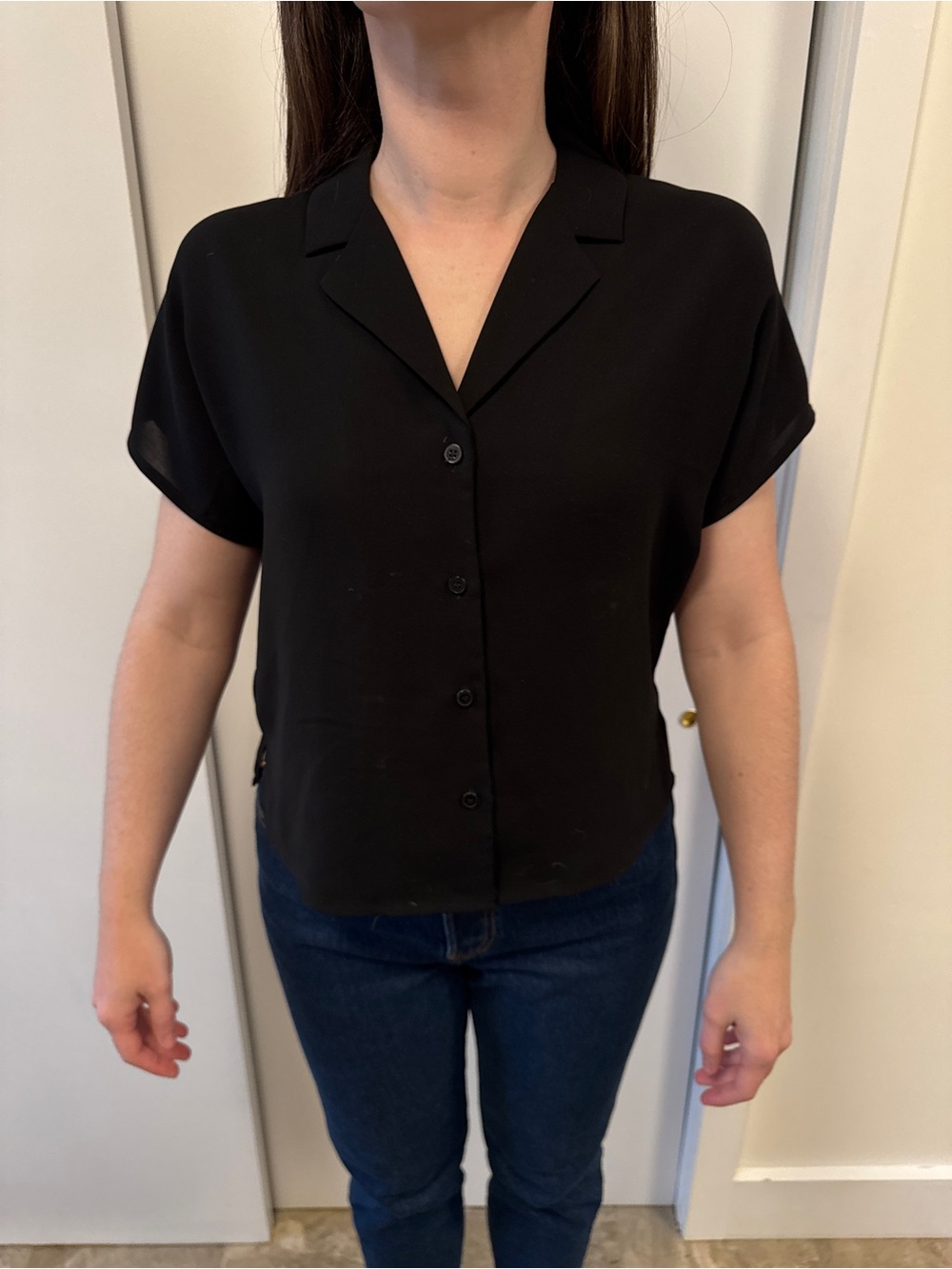 Frank & Oak Black Short-Sleeve Button-Down Top